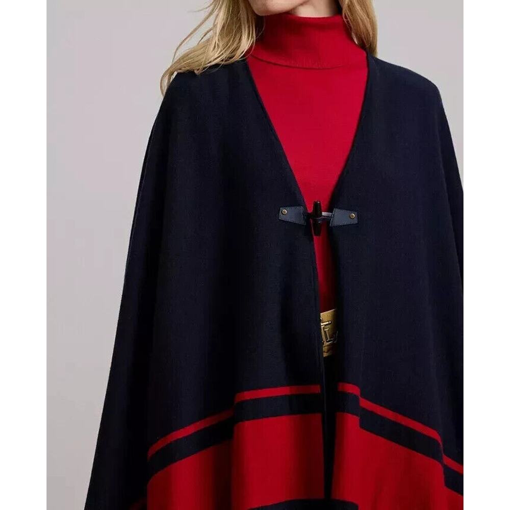 Lauren Ralph Lauren Intarsia Knit Two Tone Poncho Navy Blue Red Toggle Sz L/XL - Picture 8 of 16
